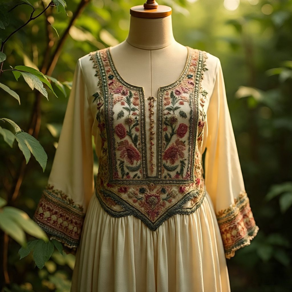 Sustainable hand-embroidered dress with intricate floral motifs in red and green on cream fabric, showcasing eco-friendly craftsmanship and traditional embroidery techniques.