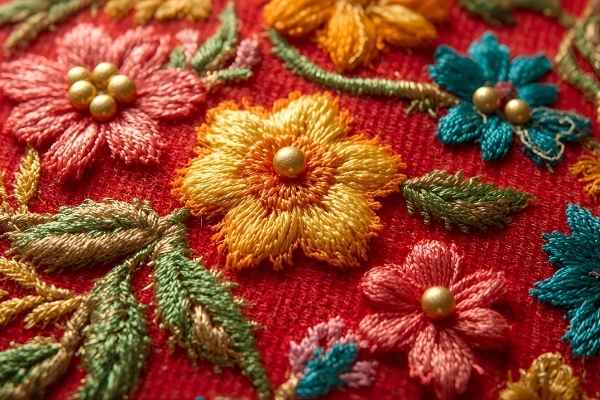 A close-up image of vibrant floral embroidery on a red fabric. The embroidery features colorful flowers in shades of pink, yellow, orange, and teal with green leaves and gold beads at the centers.