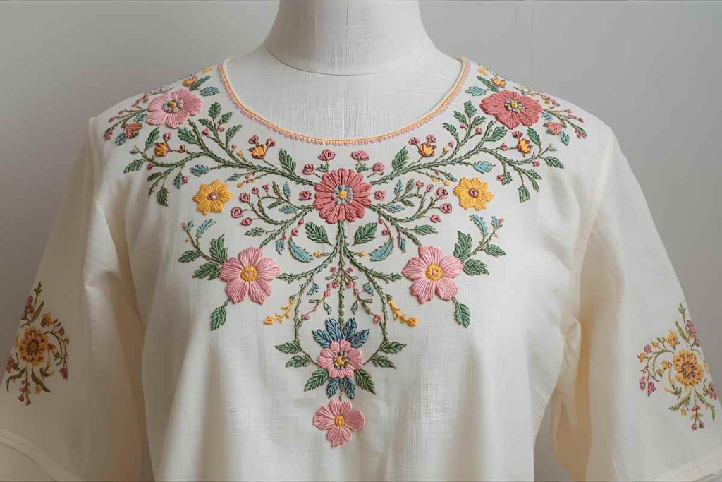 A close-up of a cream-colored kurti with intricate floral embroidery in pastel shades of pink, blue, yellow, and green on the chest and sleeves, displayed on a wooden mannequin.