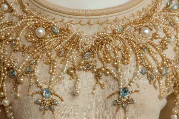 A close-up of a cream-colored kurti with intricate floral embroidery in pastel shades of pink, blue, yellow, and green on the chest and sleeves, displayed on a wooden mannequin.